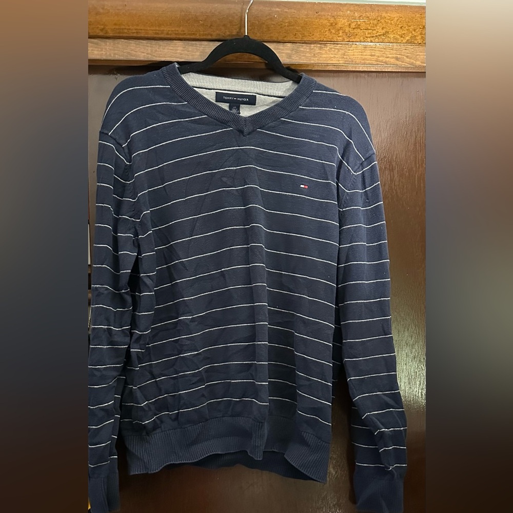 Tommy Hilfiger Men's Dark Blue Striped Crewneck Sweater
